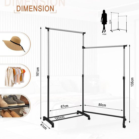Kledingrek met wieltjes, kapstok met schoenenrek, 2 kledingstangen 1 in hoogte verstelbaar, L-vormig en recht verstelbaar, van metaal, zwart