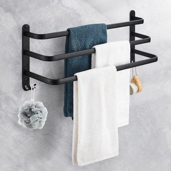 Towel Rail, 3-Tier Black No Drilling Towel Rail, Aluminium Self-Adhesive Bath Towel Holder with Hooks, Waterproof Rust Bath Towel Holder for Bathroom/Kitchen (40 cm)