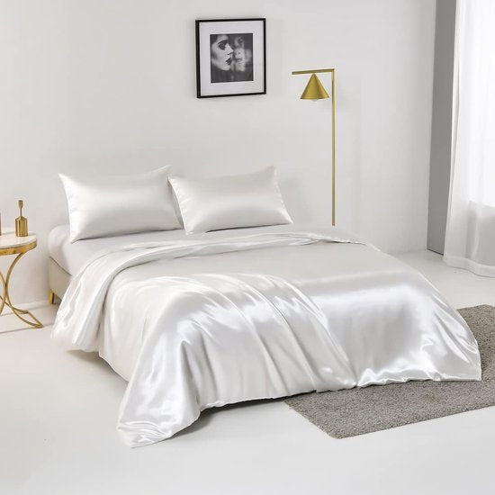 2-delig wit zijden satijnen beddengoedset | dekbedovertrek 155 x 220 cm met kussensloop 80 x 80 cm | antraciet | 2-delig bedgarnituur | katoenen dekbedovertrek met ritssluiting