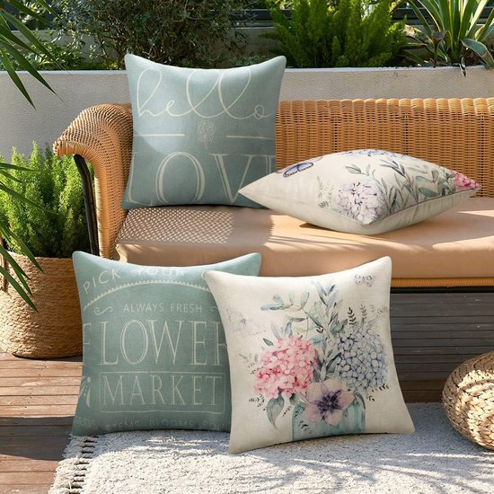 Cushion Covers Waterproof Pack of 4 45 x 45 cm Decorative Outdoor Cushion Waterproof Breathable Teal Linen Cushion Cover for Sofa Cushion Garden Outdoor Decor Vase Plants Blue Cushion Covers