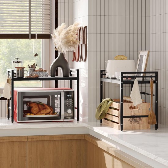 Uitbreidbaar magnetronrek, 2-traps magnetronstandaard, organizer, staand voor bakkersrekken met 4 haken, zwart