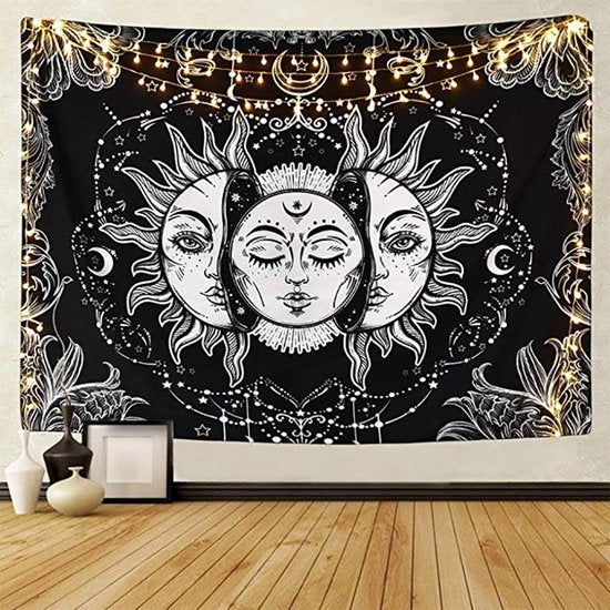 wanddoek tarottapijt, zon en maan wanddoek, esthetisch wandtapijt, psychedelisch wandtapijt zwart en wit muurhangend bohemien mandala wanddoek strandgooi 148 x 200 cm