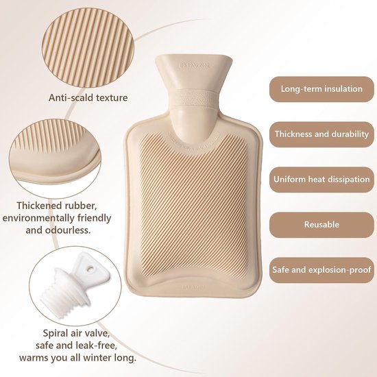 Warmwaterkruikriem, 1 l, warmwaterkruiken van natuurlijk rubber, lekvrij, met deksel, afneembaar, warmwaterkruikriem voor het warm houden van nek, schouders, rug, benen, taille, beige