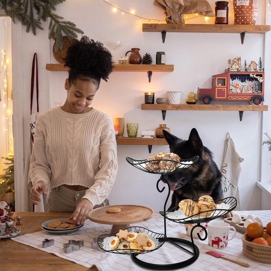 Fruitetagère 3 etages fruitschaal van ijzer, fruitmand voor groenten, brood in de keuken, feestdecoratie, snack taartstandaard (zwart)