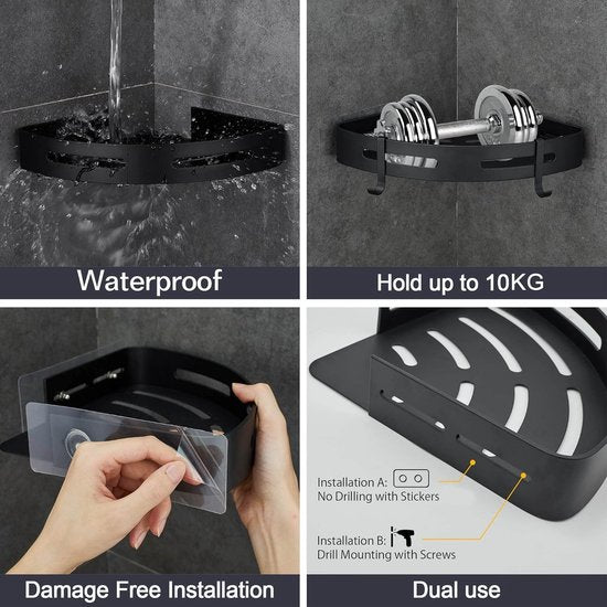 Hoekplank, douchemand, doucheplank, zonder boren, doucheplank, ruimte-aluminium, met 4 haken, doucheplank, badkamerrek met sticker, badkamerrek voor badkamer en keuken, 2 etages, zwart