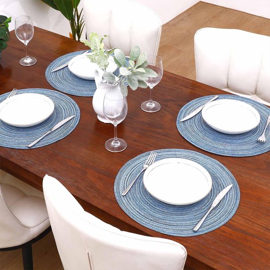 Set van 6 placemats wasbaar rond blauwe placemats rond gevlochten hittebestendige placemats rond wasbare vuilafstotende placemats voor bruiloft, restaurant, keuken, feest