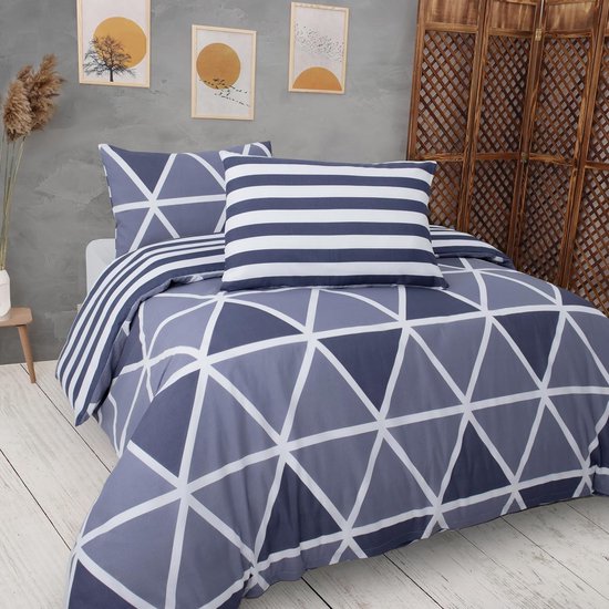 beddengoed 200x200 3-delig blauw - Oeko-TEX 80% katoen & 20% polyester, 1x dekbedovertrek met ritssluiting + 2x kussensloop 50x80 met envelopsluiting, streepmodel