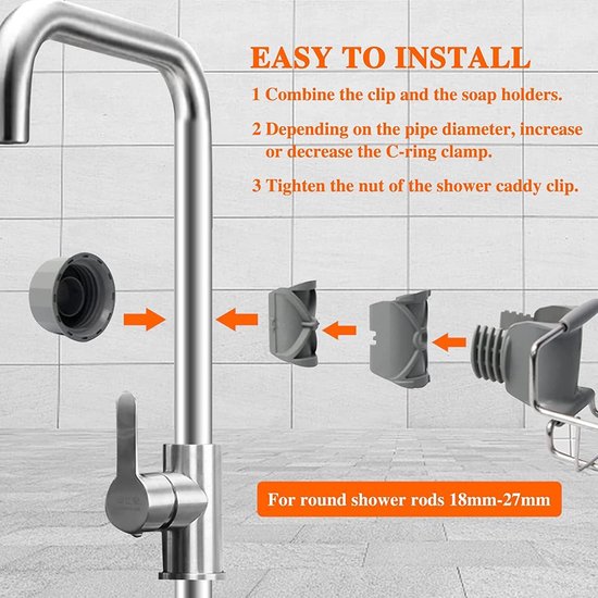 Doucheplank zonder boren, roestvrij staal, voor douchestang, 2 stuks zeephouders, douchegelhouder, doucheplank voor shampoohouder, opbergrek voor badkamer, keuken, douchemanden, organizer