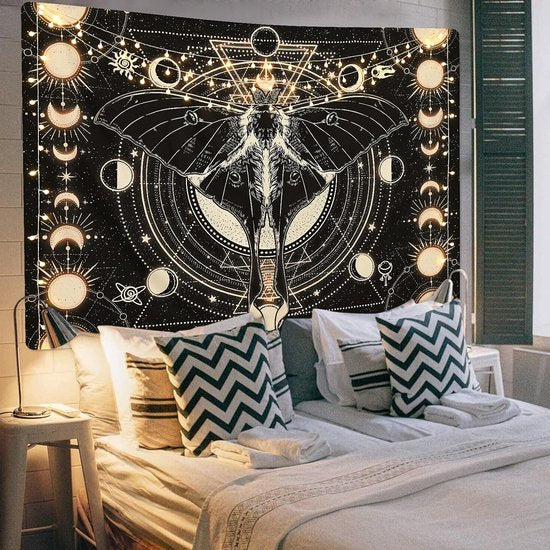 Wandtapijt, zwart, wandtapijt, zon, maan, wandtapijt, natuurlijke horoscoop, decoratief wandtapijt voor slaapkamer, 210 x 150 cm