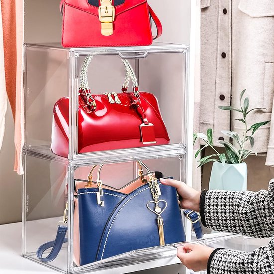 4-packs doorzichtige plastic handtas-opslagorganisator voor kast acryl displaydoos voor handtas stapelbare opbergdozen boek speelgoed