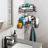 Shower Shelf No Drilling Black Shower Shelf Rustproof Stainless Steel Bathroom Shelf Wall Self-Adhesive Shower Basket with 10 Hooks Shampoo Holder for Shower Pack of 2 for Bathroom and Kitchen