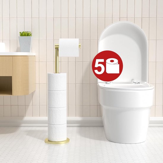 Staande toiletrolhouder, opvouwbare papierhouder, roestvrijstalen badkamerstandaard, roestvrij, vrijstaande opslagdispenser voor 5 rollen