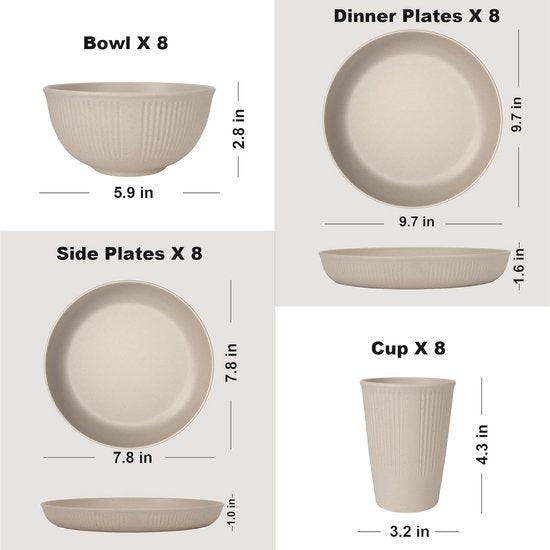 32-delige onbreekbare serviesset voor 8 personen, campingserviesset, kunststof borden en kommen, grill-serveerborden, kommen, kopjes, feestserviesset voor picknick, beige
