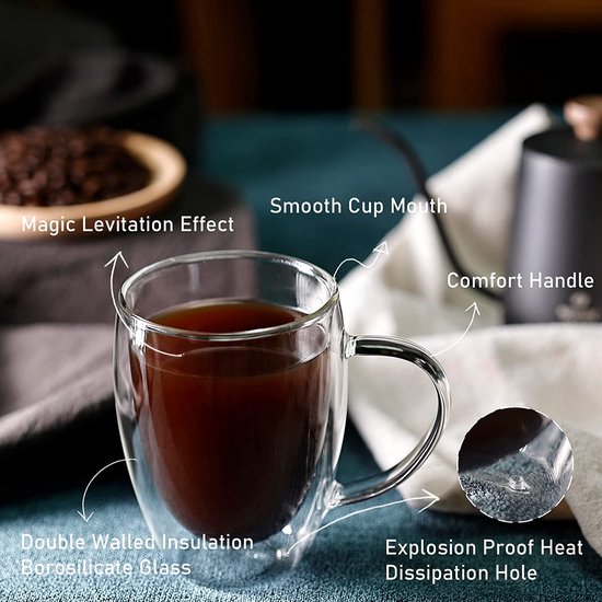 Dubbelwandige glazen koffiemokken met 4 lepels, 11oz set van 4 geïsoleerde glazen koffiemokken met handvat, heldere koffiemokken voor cappuccino, espresso, latte, thee, hittebestendige glazen om te drinken