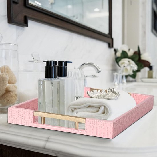 Dienblad van PU-leer, modern, elegant, rechthoekig, decoratief dienblad met metalen handvat, grote capaciteit, lederen serveerplaat voor eten, dranken, sieraden, sleutels, woonkamer, keuken, ijdelheid (krokodil, roze)