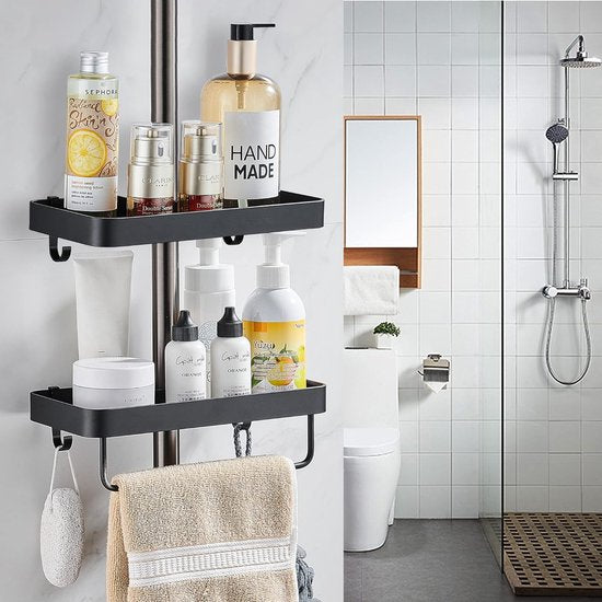 Doucheplank zonder boren metalen doucheplank met ophanging voor 22 mm-25 mm douchestang badkamerplank voor douchehouder 2 niveaus zwart