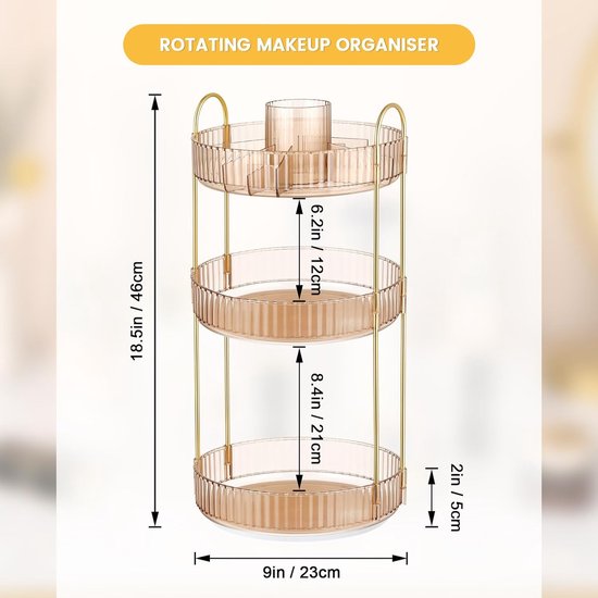 Organizer make-up, 360 graden draaibaar, cosmetica-organizer met vakken, grote capaciteit, multifunctionele organizer, make-up voor make-uptafel, badkamer, slaapkamer (3 lagen, barnsteen)