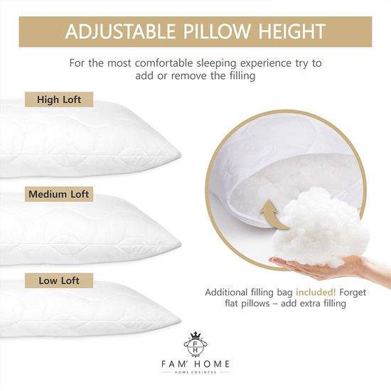 FAM Home Kussen 50 x 70 cm, set van 2 stuks, zachte microvezel, aanpasbaar, hoofdkussen mensen met optimale ondersteuning, binnenkussen, verborgen, met ritssluiting, extra zak met vulmateriaal