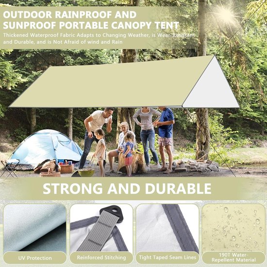 3x3M waterdicht, campingzeil tentzeilen met oogjes + nylon touwen + grondpin, uv-sneeuwregenzonbescherming, ultralicht draagbaar voor campingpicknickhangmat buitenactiviteiten
