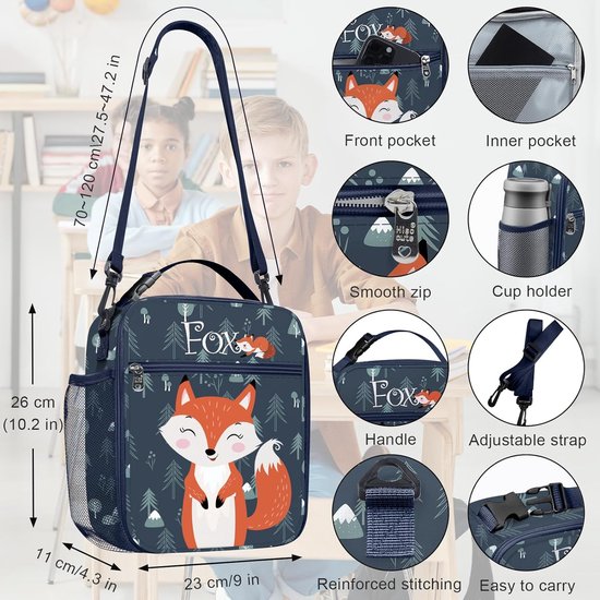 Fuchs geïsoleerde lunchtas voor kinderen, met flessenhouder, blauwe koeltas, klein, draagbaar, voor jongens en meisjes