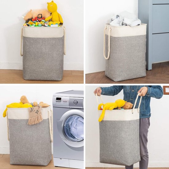 Grote wasmand 78L, opvouwbare wasmand met touwhandgrepen opbergcontainer geschikt voor slaapkamer wasruimte badkamer 60 x 42 x 31 cm beige + grijs