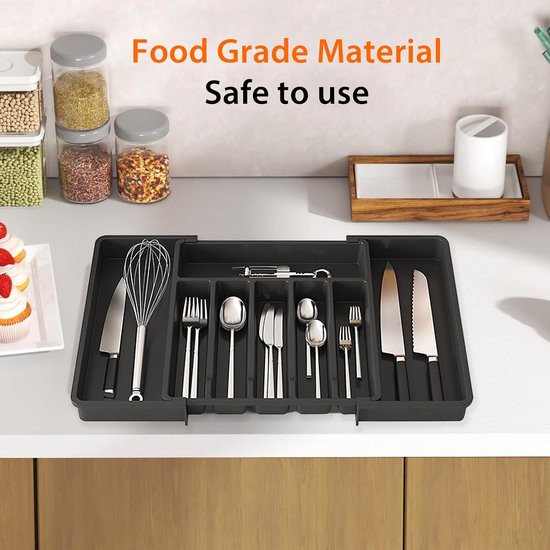 Bestekhouder, bestekbak, uittrekbare bestekhouder voor laden, van kunststof, met 8 vakken, geschikt voor lepels, vorken, messen (33,5-56,5 x 6 x 37,5 cm) (zwart)