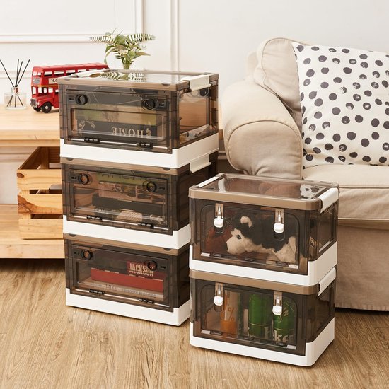 stapelbare opbergdozen van 24 liter met deksel en opening aan de voor- en achterkant, set van 4 opvouwbare mandorganizercontainers met wielen voor huishouden, badkamer, keuken - transparant zwart & Wit