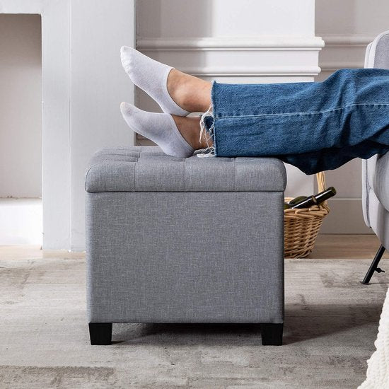 Kruk met opbergruimte, zitkubus met deksel, zitkist, voetenbankkist opbergdoos, linnen, 44 L, 45 x 41 x 41 cm, grijs