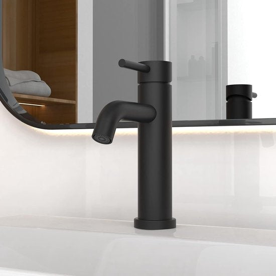 Kraan badkamermengkraan, wastafelmengkraan, eenvoudig te monteren, kraan voor wastafel, badkamer, ééngreeps wastafelmengkraan, geborsteld, roestvrij staal, zwart