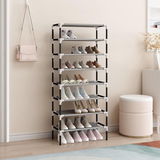 Zwart 8-laags schoenenopbergrek organisator plankhouder standaard voor 24 paar schoenen, extra stevig ontwerp met 16 mm verdikte buizen