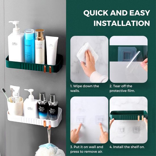 Groene badkamerplank zonder boren, doucheplank. Kunststof opbergorganisator badkamer regenjas, keuken, toilet. Multifunctioneel zelfklevend plankje met 2 haken (2 planken)
