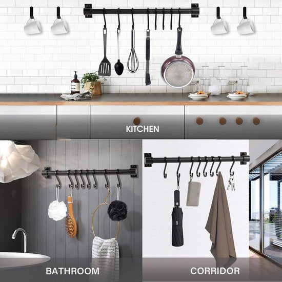 Haaklijst keuken, zelfklevende keukenhakenlijst met 8 beweegbare haken, ruimtebesparende gebruiksvoorwerpenhouder zonder boren, wand-accessoirehanger voor keuken, badkamer, slaapkamer (zwart)