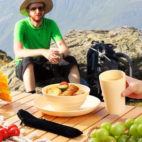 Campingbestekset, herbruikbare lichte bekers, schalen, borden en roestvrijstalen bestek met zwarte tas, vaatwasmachinebestendig