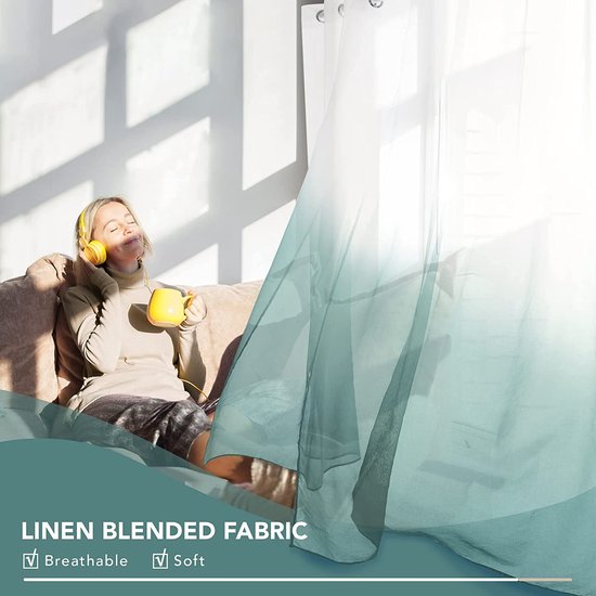 Voile Grijs Blauw Gordijnen met Ringen 140 x 270 cm(Breedte x Hoogte), Kleurverloop Semi-Clear Transparante Gordijnen voor Woonkamer Slaapkamer Kinderkamer, Set van 2