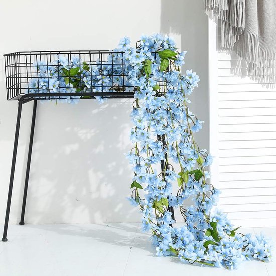 Kunstmatige Sakura kersenbloesem, 2 stuks, 5,7 ft, hangende wijnstokken, namaak, oosterse kersenkrans, huistuin, feest, bruiloft, decoratie (blauw)