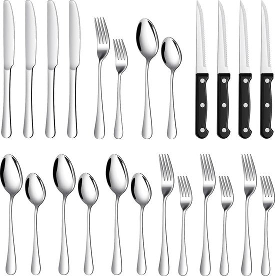 Zilveren bestekset voor 4 personen, 24-delige roestvrijstalen bestekset met steakmes, elegant bestek met mes, vork, lepel, tafelbestek voor huis/keuken/restaurant/outdoor,