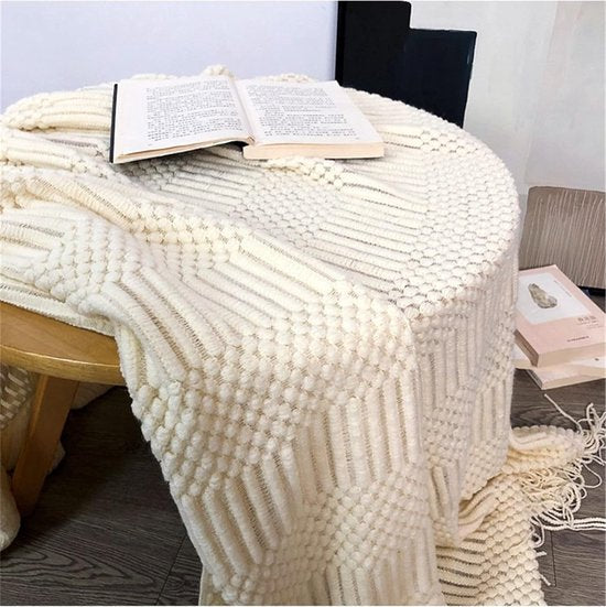 Sprei, woondeken, bohodeken, zacht, gebreide deken, omkeerbare deken, knuffeldeken, bankdeken, sprei, deken, beige, 130 x 150 cm