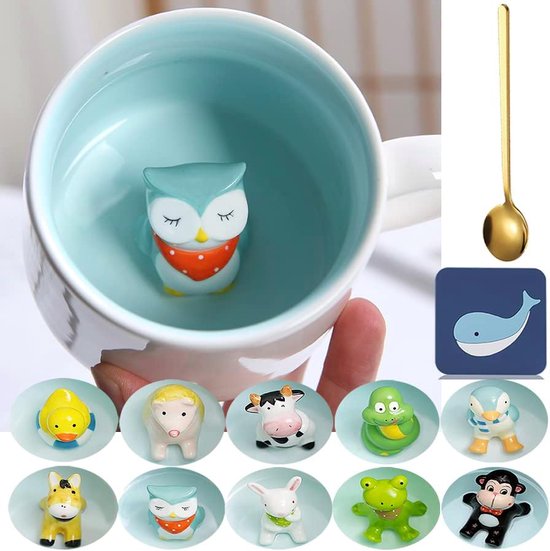 Uilmok cadeau 3D diermok keramiek grappige koffiemok 350 ml theekopje met lepel en onderzetter, Kerstmis, theebeker, schattig verjaardagscadeau voor vriend, vriendin, tante oma