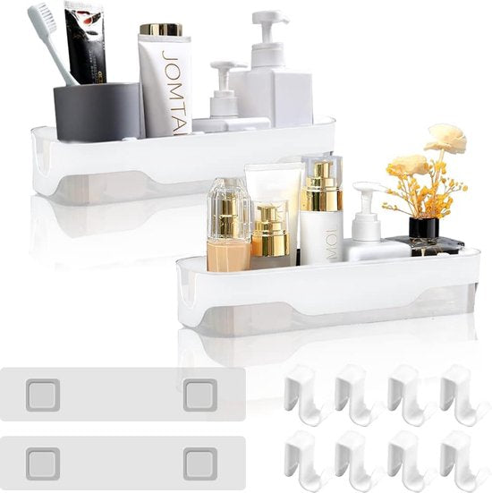 2 stuks badkamerrekken doucherek zonder boren wandrek badkamer zelfklevende doucheplank plastic douchemanden met 4 haken badkamerrekken badplank zonder boren plank voor badkamer