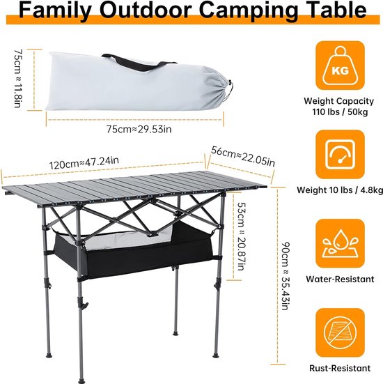 Opvouwbare campingtafel, klaptafel, campingtafel voor 4-6 personen, opvouwbare tuintafel voor buiten met netplank, opbergtas, in hoogte verstelbare klaptafel met oprolbaar tafelblad en draagtas