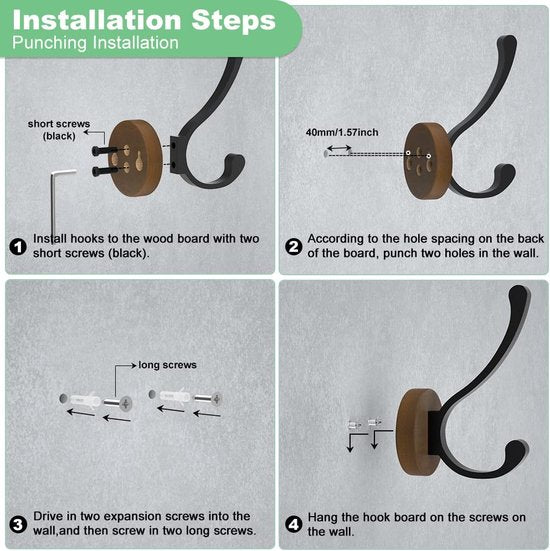 Set van 4 kapstokhaken, wandhaken, houten kapstokhaken, enkele hoeden, sleutels, handdoeken, badjassen, portemonnees, decoratieve woonkamer, badkamer, slaapkamer, kledingkast