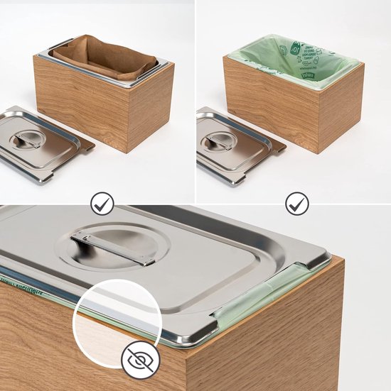 Holma Design Biologische afvalemmer, 4,5 liter, vaatwasmachinebestendig en van echt houten veneer; keukencompostemmer voor biologisch afval; eiken