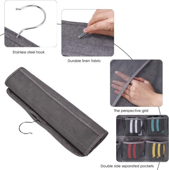 Kledingkast, organizer, hangend voor ondergoed, sokken, bh's met 20 zakken, stoffen hangorganizer, opvouwbaar, ruimtebesparend, hangende opslag voor sjaals, panty's en stropdassen, grijs