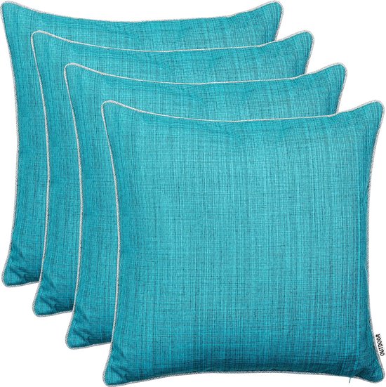 Outdoor tuinkussen decoratief kussen met biezen, linnen look, effen, vuil- en waterafstotend, met ritssluiting, 45 x 45 cm, set van 4, turkoois
