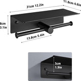 Toiletpapierhouder zonder boren, wc-rolhouder met plank, zelfklevend, wandmontage, aluminium, dubbele wc-rolhouder, wc-papierhouder, voor badkamer, 31 cm, zwart
