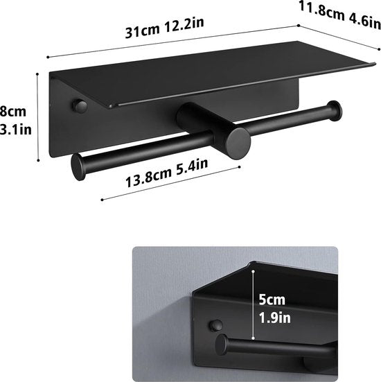 Toiletpapierhouder zonder boren, wc-rolhouder met plank, zelfklevend, wandmontage, aluminium, dubbele wc-rolhouder, wc-papierhouder, voor badkamer, 31 cm, zwart