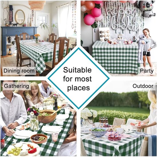 Geruit vierkant tafelkleed van polyester, vuilafstotend, waterafstotend en kreukvrij, wasbaar, tafelkleed voor eetkamer, feest, tuin, 130 x 220 cm, groen en wit