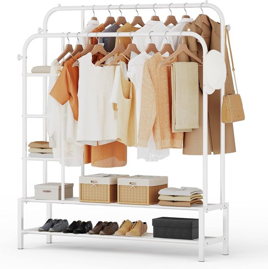 Kledingrek, multifunctionele kapstok van metaal met 3 lagen zijplanken, 2 lagen vloerplanken en 4 haken, geschikt voor kleding, tassen en schoenen