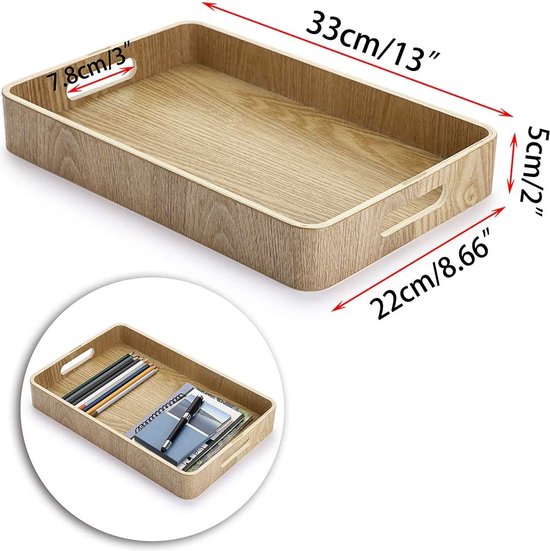 Decoratief dienblad van hout met 2 handgrepen, houten dienblad, decoratieve serveerplaten voor koffie, thee, Wenen, fruitserveerbord voor salontafel, bureau, woonkamer (rechtshandig, 33 x 22 cm)