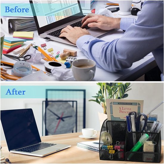 Bureau-organizer, gaas metalen kantoorplank met pennenhouders en lade, 6 sorteervakken voor pennen, pennenhouder, multifunctionele organisator (zwart)